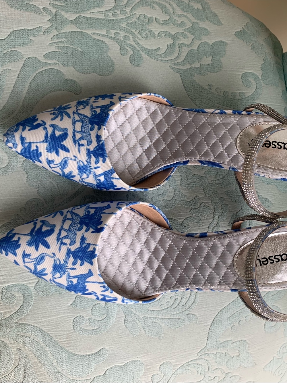 Masseys Blue & White Printed Pointed-Toe Slingback Heels with Rhinestone Strap - Picture 3 of 5